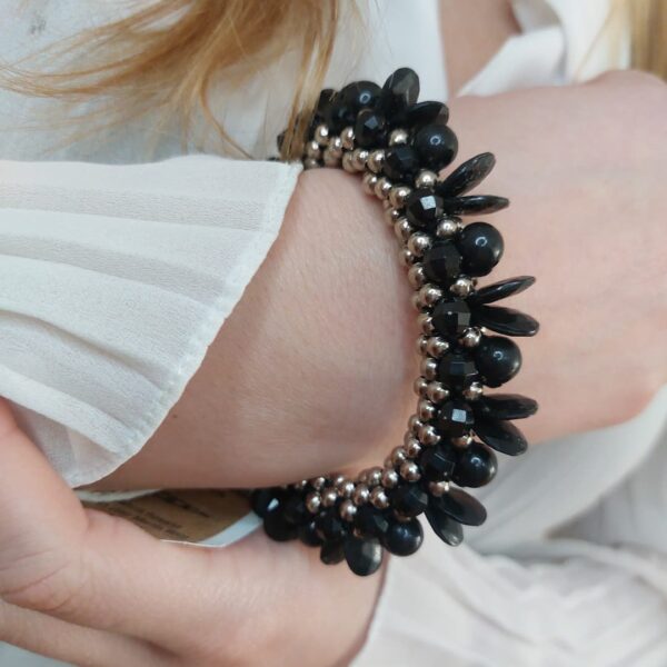 Pulsera Cuentas Plateado Cala/ Negro/ Lunar Regulable Artesanal Bijou