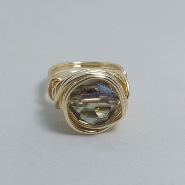 Anillo Nro16 Alambrismo Dorado Cristal Humo Nido Artesanal Bijou