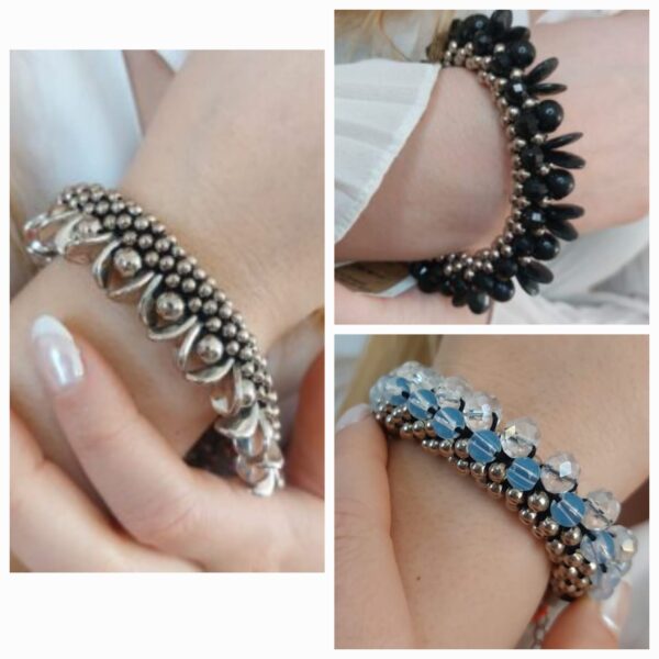 Pulsera Cuentas Plateado Cala/ Negro/ Lunar Regulable Artesanal Bijou